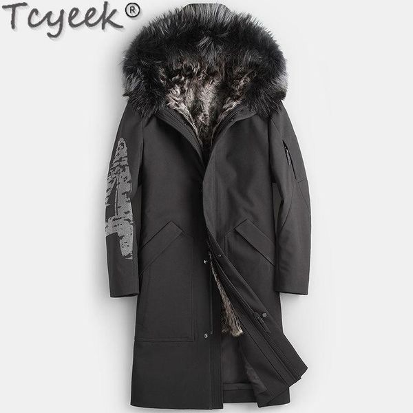 

men's leather & faux tcyeekreal fur coat natural lamb winter jacket men real raccoon collar warm parkas plus size jackets casaco 867, Black