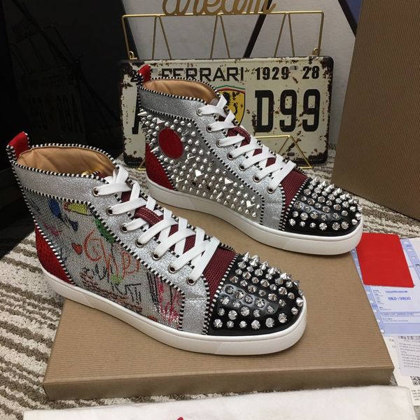 

designer red bottom casual shoes men women suede studded sneakers luxury leather spikes high cut shoe fashion insider boots with box, Black