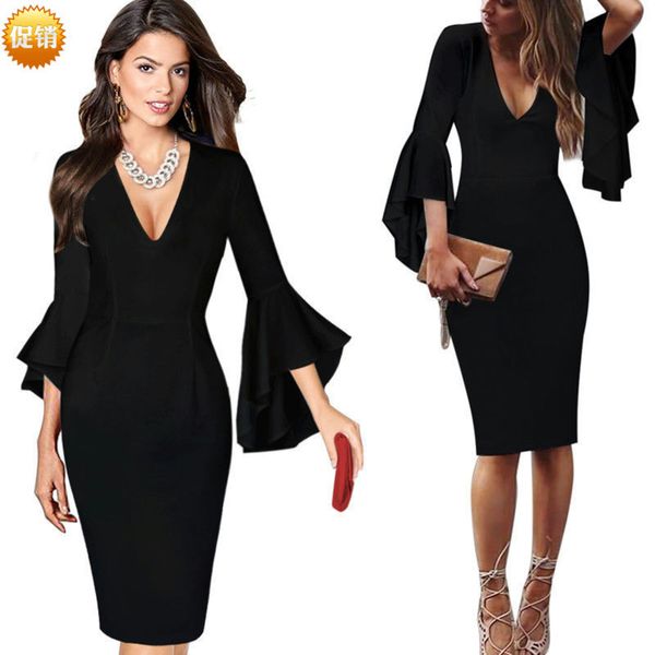 

large new deep v flared sve waist length drs, Black;gray