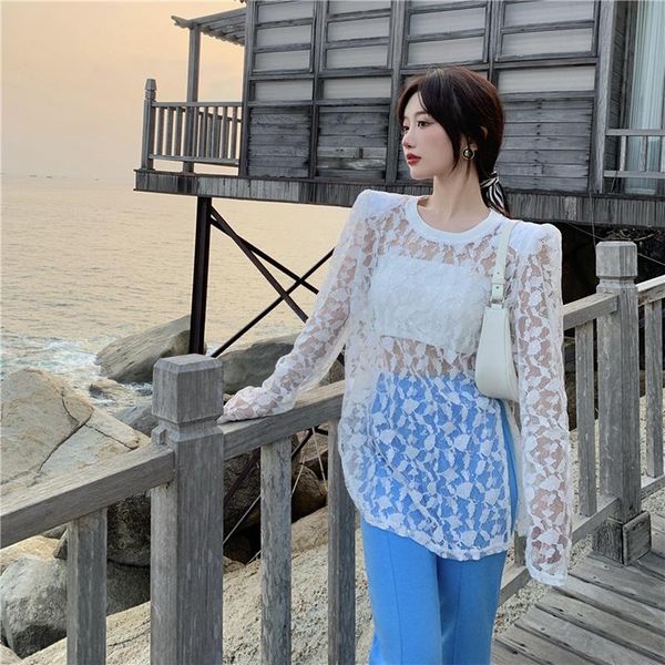 

women's t-shirt female tees hollow out long sleeve summer for women 2021 lace sunscreen loose perspective t shirts thin fashion, White