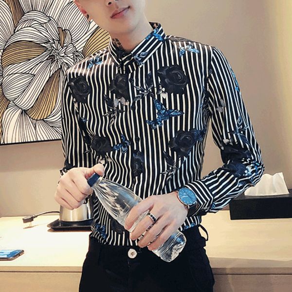 

2021 casual long sleeve shirts with fine-fitting flower impressions of men from the evening club party streetwear male ryw4, White;black