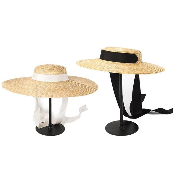 

wide brim boater hat 15cm brim straw hat flat women kentucky derby ribbon tie sun beach cap, Black;white