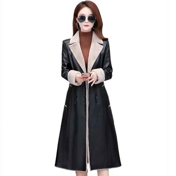 

women's fur & faux real leather long jacket 2021 autumn winter plus size thick warm slim windbreaker m-5xl, Black