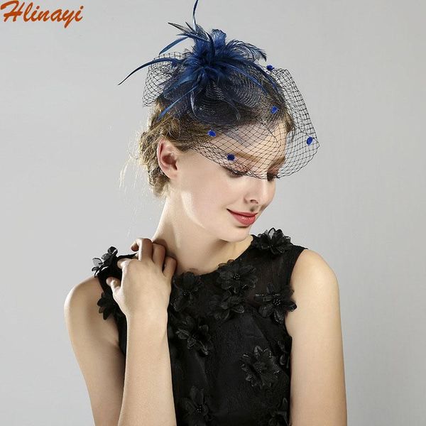 

stingy brim hats hlinayi 2021 euro-american net hat feather veil banquet headdress with, Blue;gray