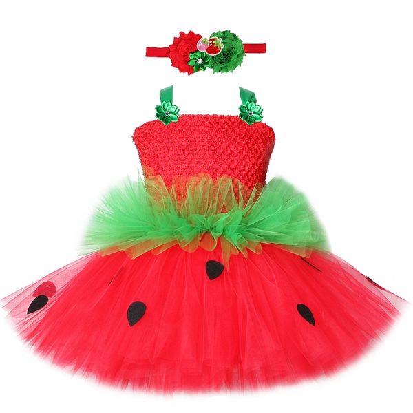 Abiti rossi della fragola verde per le ragazze vestito da tutu della principessa con il fascia dei fiori Bambini dei bambini dei bambini costume per la festa di compleanno 210303