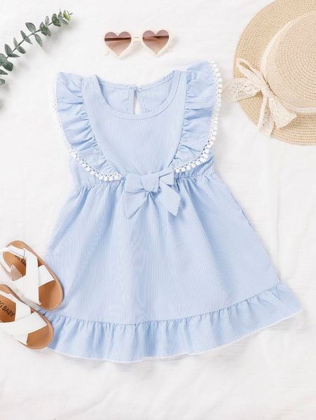 

baby striped contrast guipure lace ruffle trim bow front dress she, Red;yellow