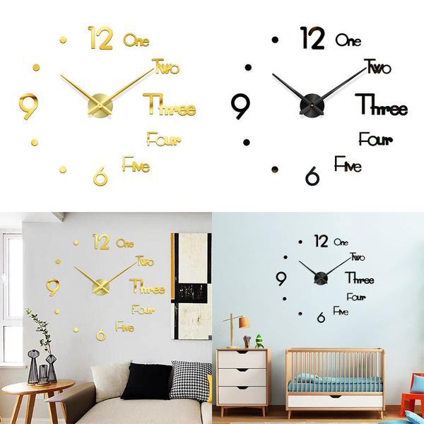 

wall clocks diy 3d clock home decoration acrylic mirror stickers living room quartz needle horloge wallclock frameless art