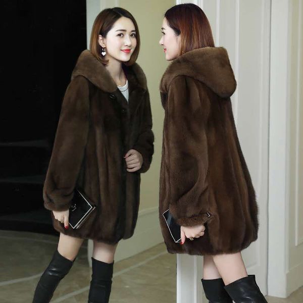 

new 2021 autumn imitation velvet woman's warm thick outwear with hoodie medium length fur coat of fake female parka 668 quc1, Black