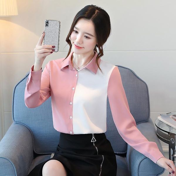 

women's blouses & shirts lukaxsikax 2021 spring autumn women long sleeve shirt fashion contrast color patchwork chiffon, White