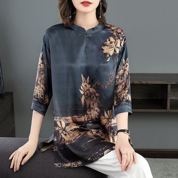 

fashion printed retro shirt female ethnic style stand collar loose seven point sleeve large size shirt blouses women spring, White