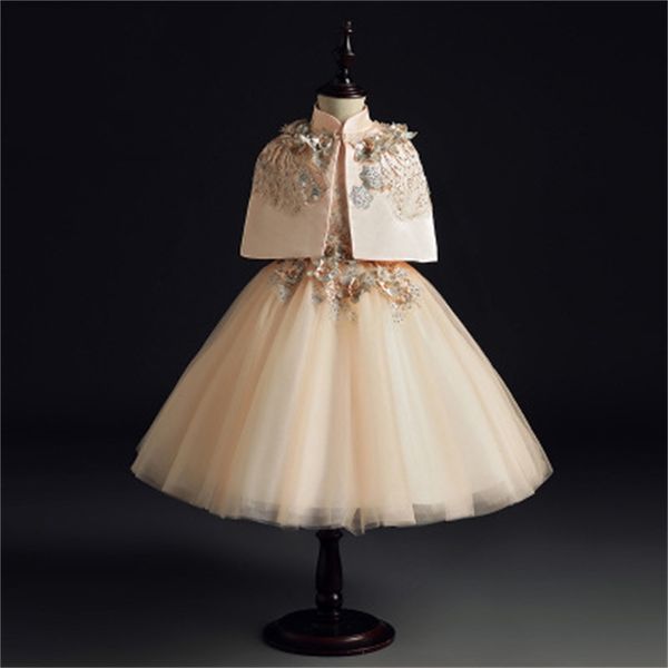 

gold lace girl dresses for first communion beads appliques tulle ball gown cloak girls pageant flower girl dress for weddings 210303, Red;yellow