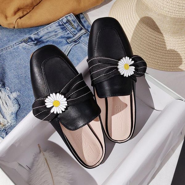 

slippers cute sandals half female no heel loafers outer wear mules flat heels large size 41-44 summer sheos women, Black