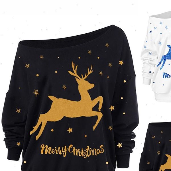 

new women christmas sweater diagonal collar elk print long sleeve sweaters fashion loose women clothes christmas pullover, White;black