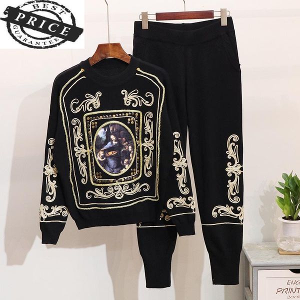 

women's two piece pants set 2021 fashion 2 women tracksuit autumn winter flower long sleeve sweater + leisure pieces knitting, White