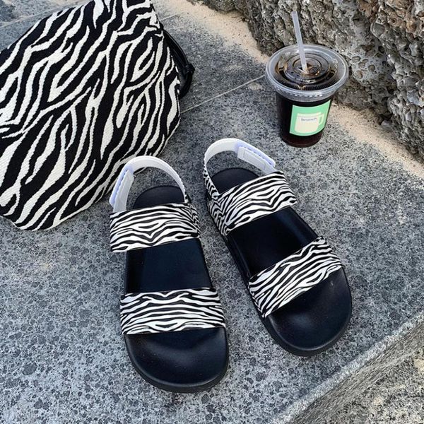 

sandals sp&city japanese women's 2021 vintage zebra pattern massage slippers flat woman beach shoes clothing for women, Black