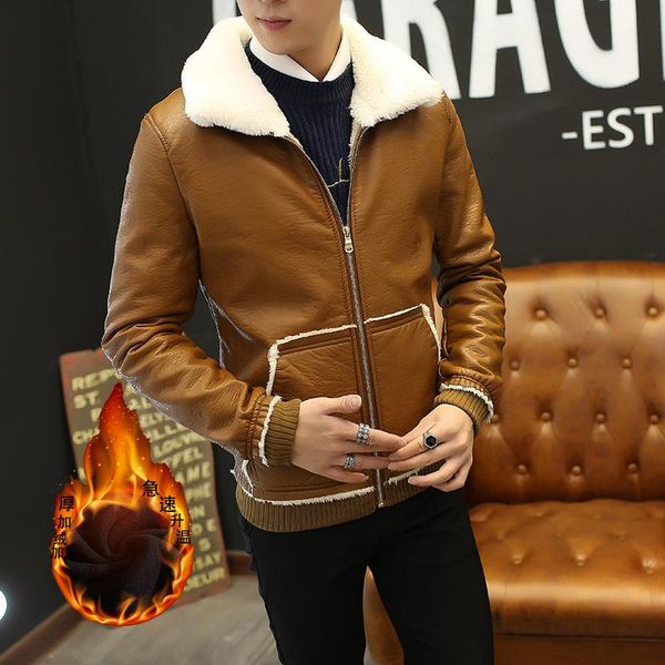 

men's fur & faux winter youth lapel washed pu leather jacket, Black