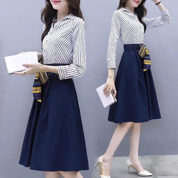 

casual dresses autumn dress women stripe shirt office ladies elegant long sleeve patchwork a-line bandage tunic female vestidos, Black;gray