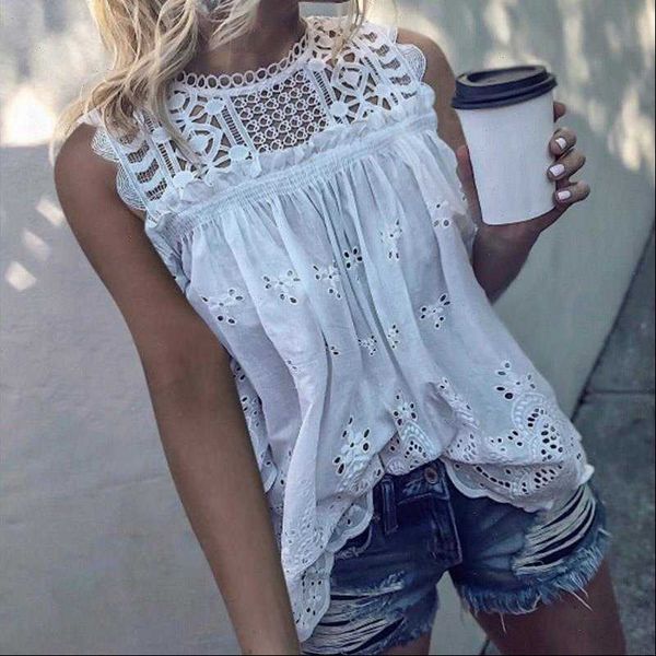 

white hollow out plus size women shirt cotton sleeveless casual summer
