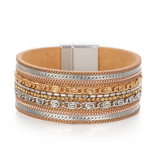 

bangle bohemian trend magnetic clasp bracelet wide side chain leather fashion general jewelry for men and women, Black