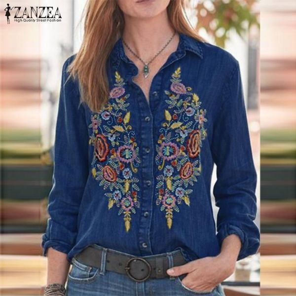 

women's blouses & shirts zanzea women vintage embroidered denim blue casual lapel neck floral blouse long sleeve autumn work blusas plu, White