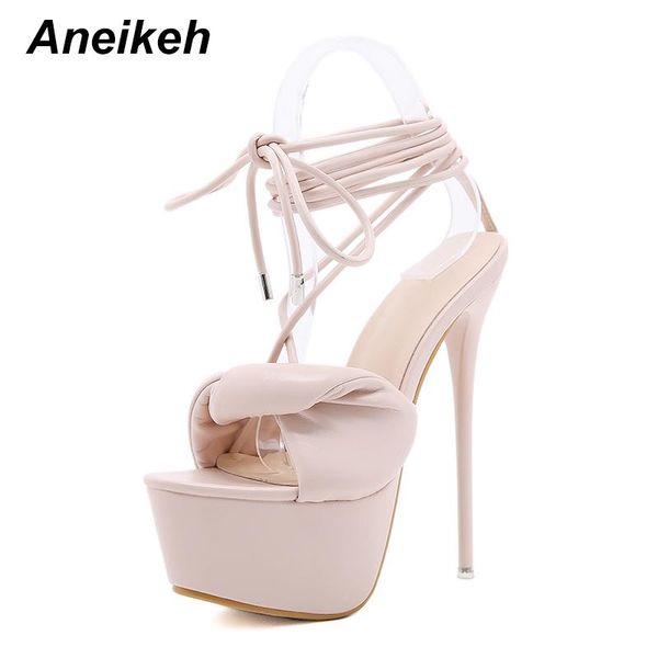 

sandals aneikeh women's 2021 platform turned-over edge ankle strap thin high heels fashion summer cross-tied pu lady shoes, Black