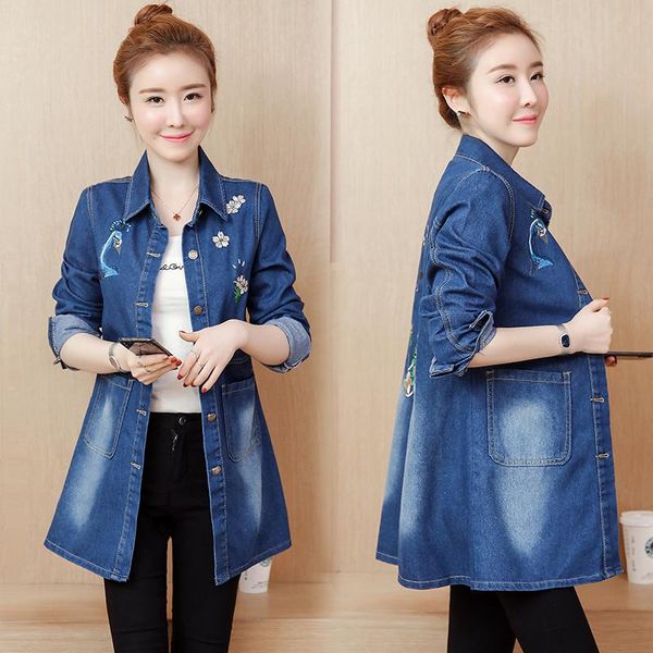 

women's trench coats spring autumn women plus size fashion casual loose embroidery single button jeans coat for larger denim, Tan;black