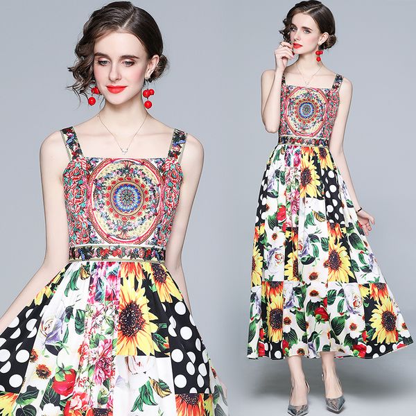 

new merchall 2021 summer fashion runway holiday elegant women spaghetti strap print patchwork party long 5vpp, Black;gray