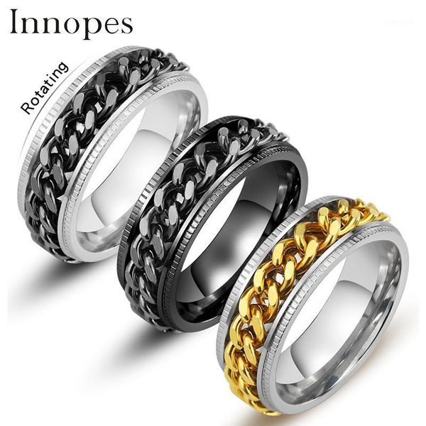 

wedding rings punk rock 8mm spinner chain men's rotatable ring black stainless steel cool jewelry party gift1, Slivery;golden