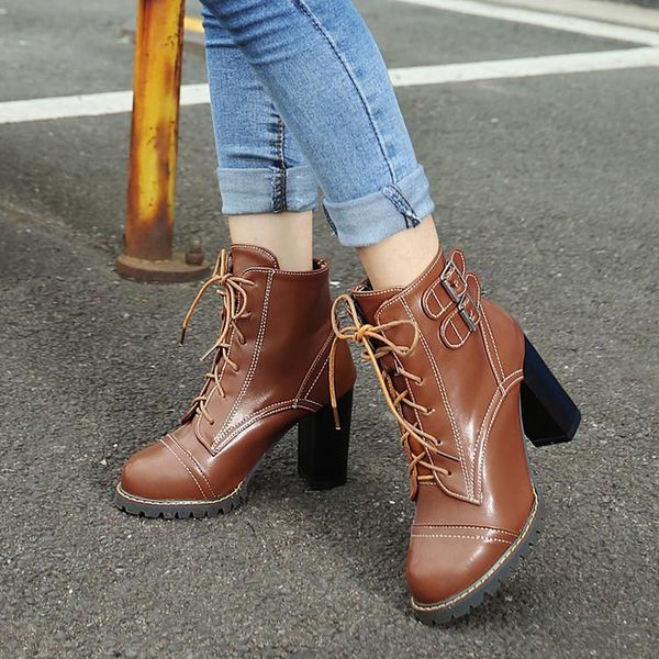 

boots big size 9 10 11-16 women shoes ankle for ladies woman winter belt buckle cross strap thick heel, Black