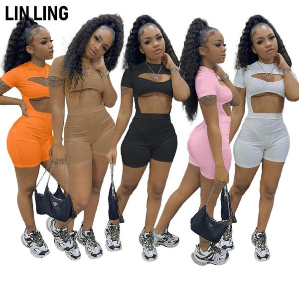 

women's tracksuits linling fashion tight elastic hollow out short sleeve bodysuit + shorts casual two-piece set, Gray