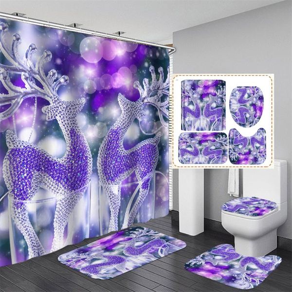 

shower curtains 3d printing shiny elk christmas curtain carpet waterproof non-slip toilet cushion set cortinas de baño bathroom
