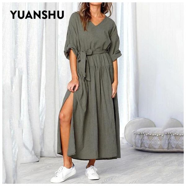 

casual dresses yuanshu autumn v neck lace up pullover slit hem loose long dress women office, Black;gray