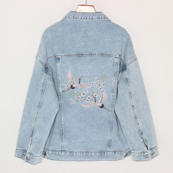 

fashion women embroidery spring basic denim jacket vintage wash loose short long sleeve jeans coat outerwear female qdgj, Black;brown