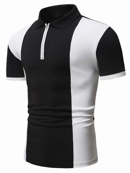 

men two tone quarter zip polo shirt v6kp#, White;black