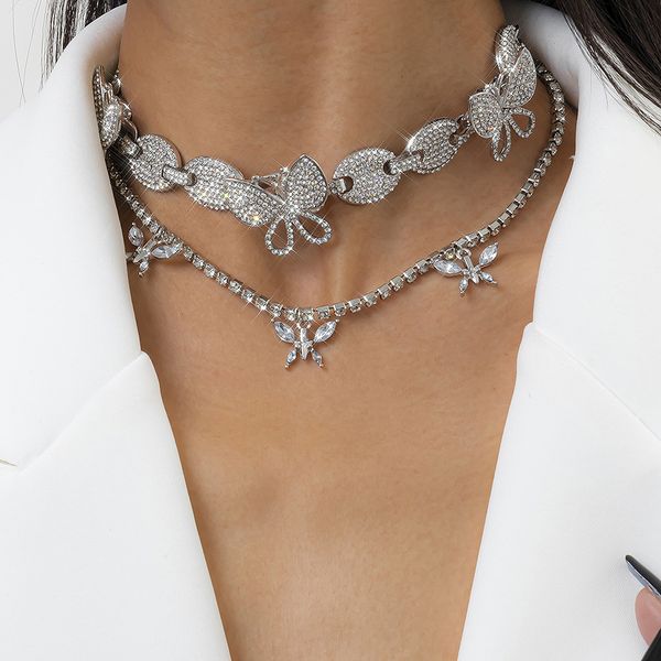 

temperament retro micro inlaid rhinestone butterfly lock double layer cuban necklace for female party gifts whole 2021, Silver