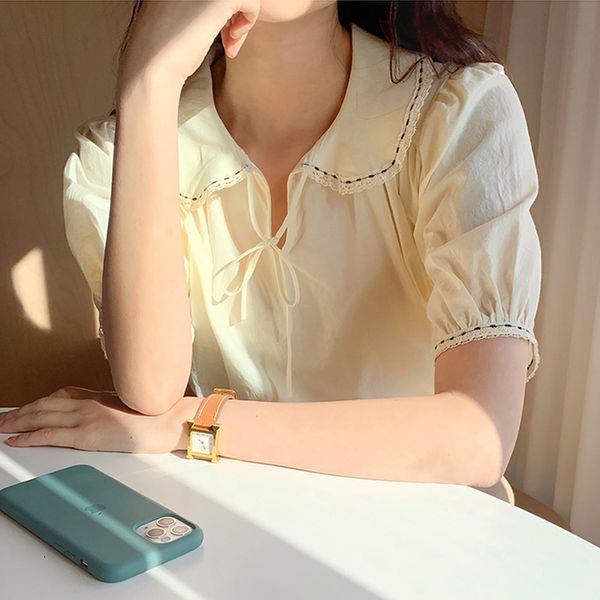 

embroidered blouses 2021 new summer korean style femme puff lapel shirt released women's clothes u4ac, White