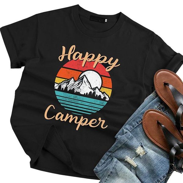

women's t-shirt happy campen print wemen t shirt cute graphic tees women short sleeve o-neck casual summer vintage female t-shirts, White