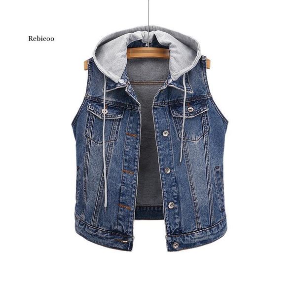 

women's vests women short denim vest detachable hooded coat spring slim side pockets sleeveless jeans jacket casual outwear plus size 5, Black;white