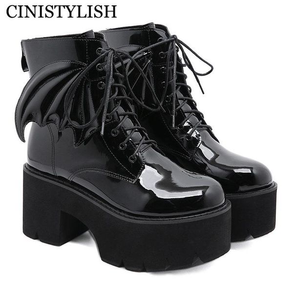 

boots goth ankle high heels patent leather womens shoes on platform demonia punk gothic model angel wing fashion, Black