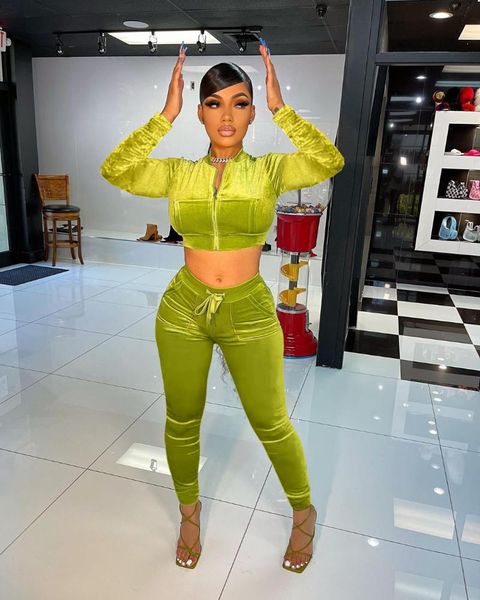 

women's two piece pants zaggin 2021 women fashion street girl style sets long sleeve zipper elastic pure color, White