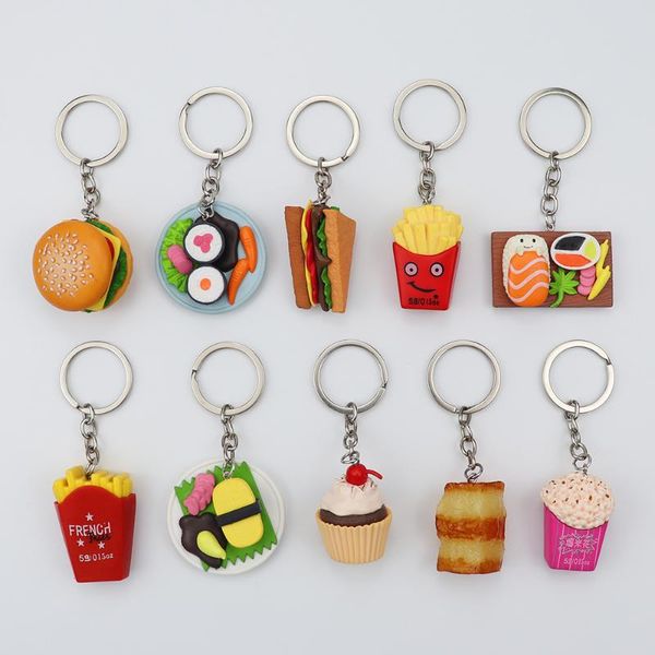 

keychains women handmade simulation food hamburger french fries sandwich popcorn pendant keychain for car key ring party gifts, Silver