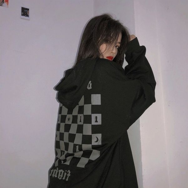

street national trend dark mourning chessboard hip hop loose fitting hooded sweater new for men and women, Black