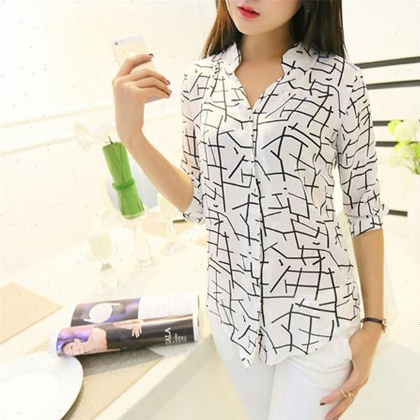 

shirt women striped half sleeve buttons turn down collar chiffon blouse brief camisa feminina dropshipping, White