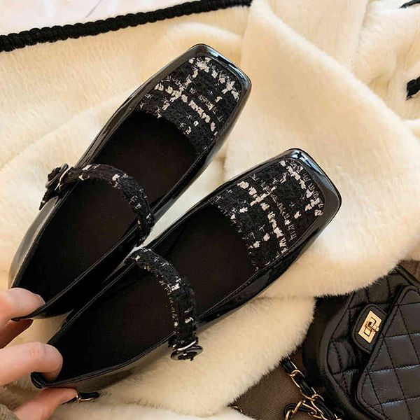 

and m spring family 21 summer new mary jane plaid splicing square flat sole single shoes soft sole one foot pedal small shoes yw, Black