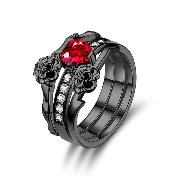 

wedding rings three one set black rose flower red crystal women's ring jewelry drop, Slivery;golden