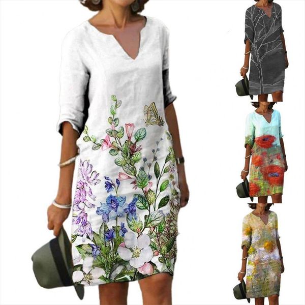 

sales summer v neck loose women dresses printing vintage casual five point sleeve for travel, Black;gray