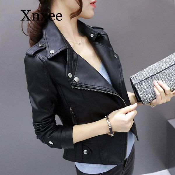 

autumn women black leather pu clothing lady jacket moto biker zipper pocket high waist short paragraph coat female outwear punk, Black;brown