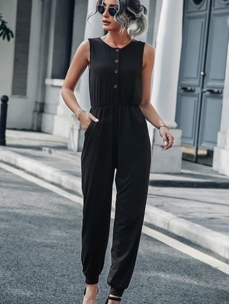 

slant pockets button front tank jumpsuit v5pd#, White