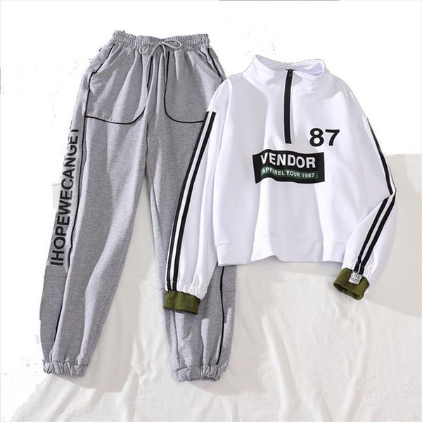 

spring autumn fashion casual women capri sportswear cargo loose two piece joggers sweatshirt pullover, Black;white