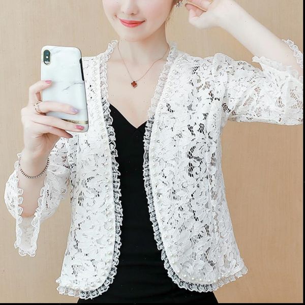 

womens jackets 2021 fashion flare sleeve white jacket women 3xl 4xl plus size jacket beading hollow lace jacket women coat b891, Black;brown